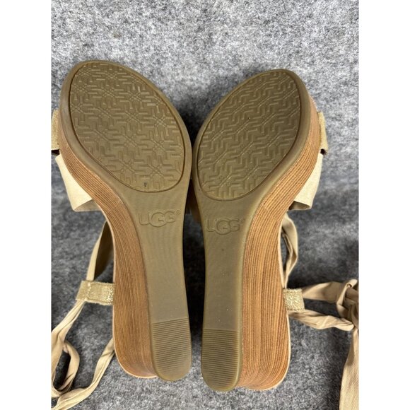 UGG Wedge Sandal Shoes Womens Size 6.5 Gold Glitter Strap Beige Tie Up - Picture 7 of 8